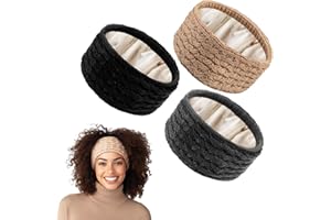 Funnysoft 3 Pack Satin Lined Winter Headbands for Women, Silk Lined Beanie Caps Ear Warmers for Natural Curly Ponytail Hair(Black, Gray, Khaki,Cable Knit)