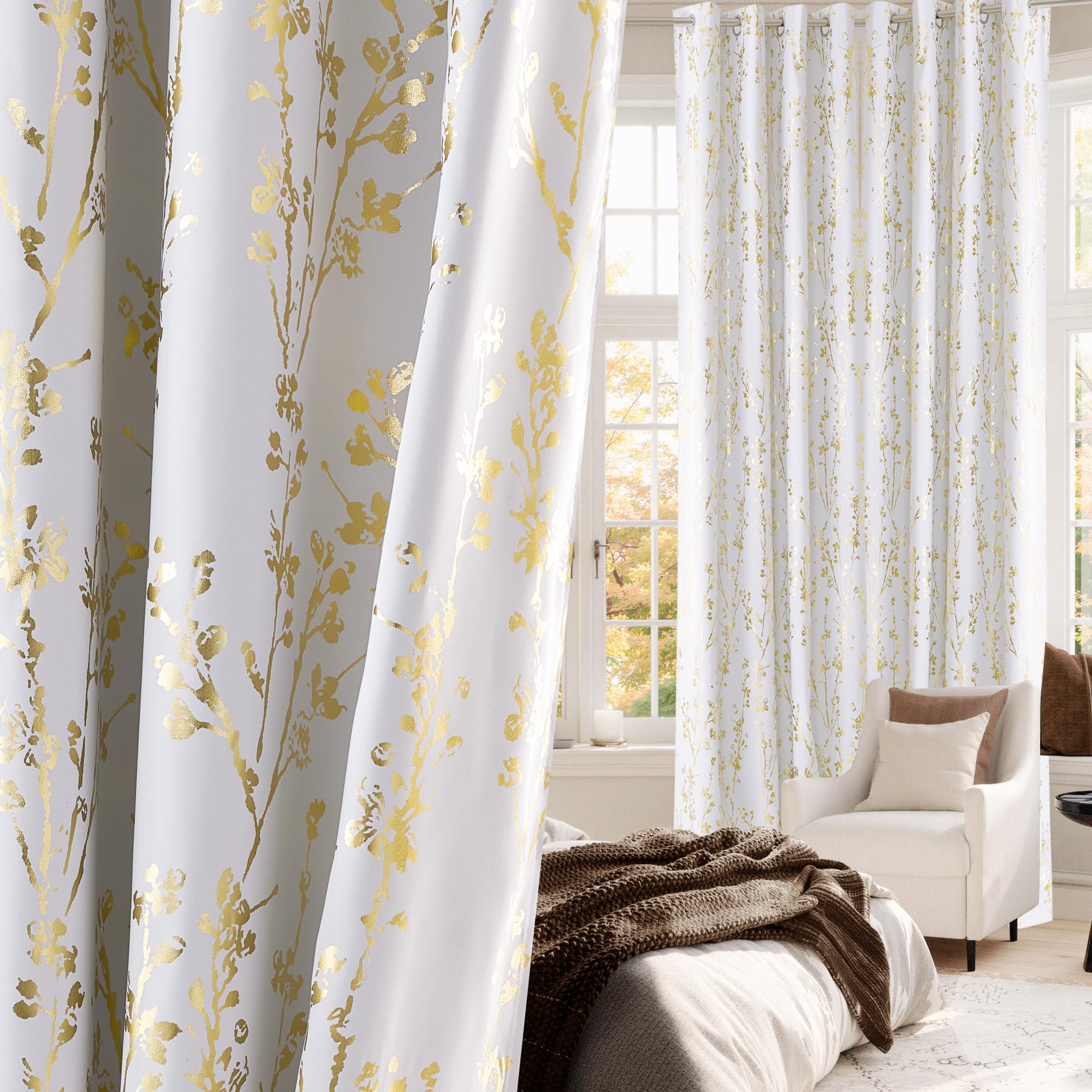 NICETOWN Gold Foil Printed Floral Curtains 100% Blackout, Grommet Branch Pattern Gold Foil Printed Window Treatments Thermal Drapes for Bedroom, Greyish White, W52 x L96, 2 Panels Image