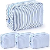 Sanwuta 3 Pcs Seersucker Makeup Bags Seersucker Cosmetic Bags Striped Women Large Travel Toiletry Organizer Preppy Storage Pouch for Embroidery Wedding Bridesmaid Gifts(Light Blue)
