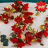 Glintoper 2 Pack Christmas Poinsettia Garland, 9 FT Lighted Artificial Garlands with Red Flowers, Battery Operated with Timer Poinsettia String Lights, Light up for Xmas New Year Holiday Home Decor