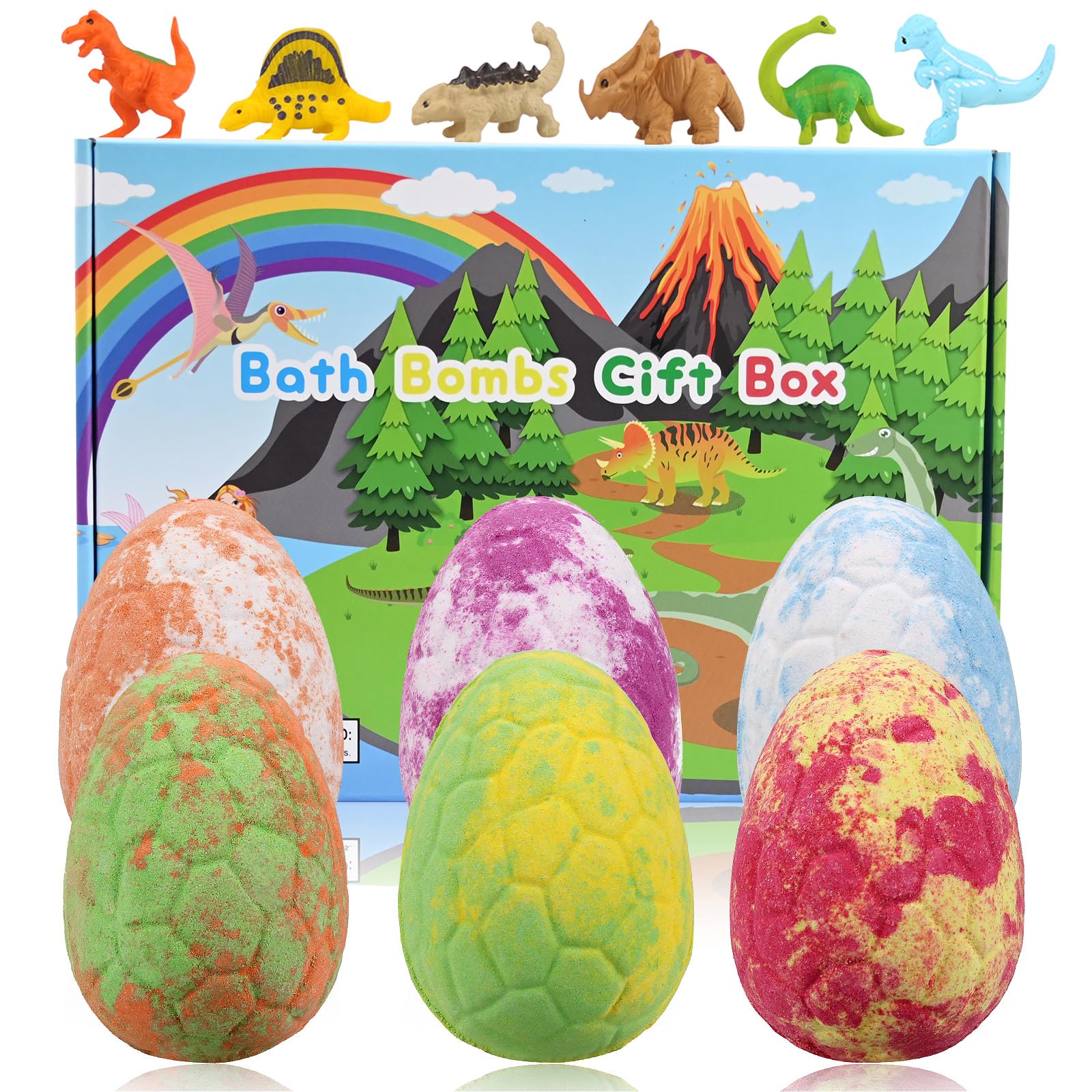 Smlper Bath Bombs for Kids with Surprise Inside, 6 Pcs Dino Egg Handmade Natural Fizzy Bath Bombs Dinosaur Toys for Girls Boys Christmas Birthday Easter Gift Set (6 * 130g) (Dinosaur Toys-6PCS)