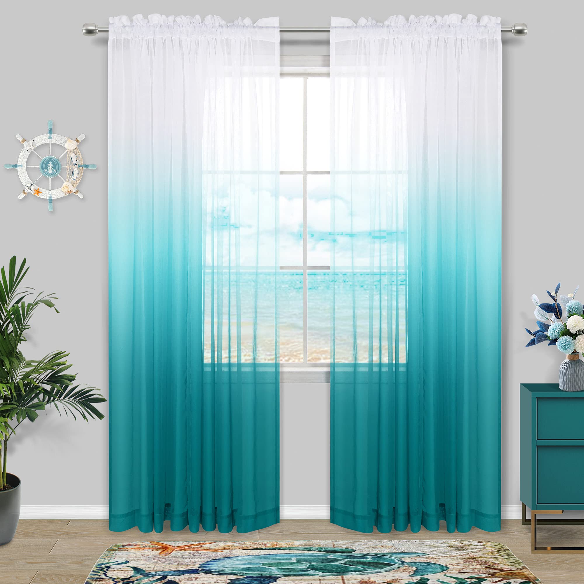 Teal Curtains 84 Inch Length for Bedroom 2 Panels Set Reversible Ombre Teal White Sheer Window Curtain Panels Linen Semi Sheer Summer Curtains for Living Room Decor Seafoam Aqua Blue Turquoise Green