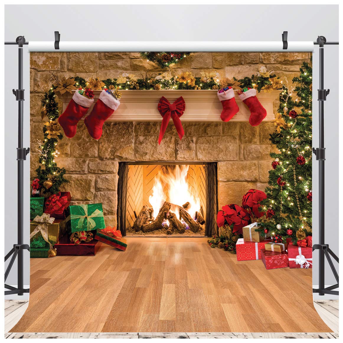 AIIKES 10x10FT Merry Christmas Backdrop Tree Sock Gift Family Party Decorations Backdrops Happy New Year Xmas Fireplace Theme Photography Background Pictures Banner Studio Decor Booth Props 11-209 — image 1