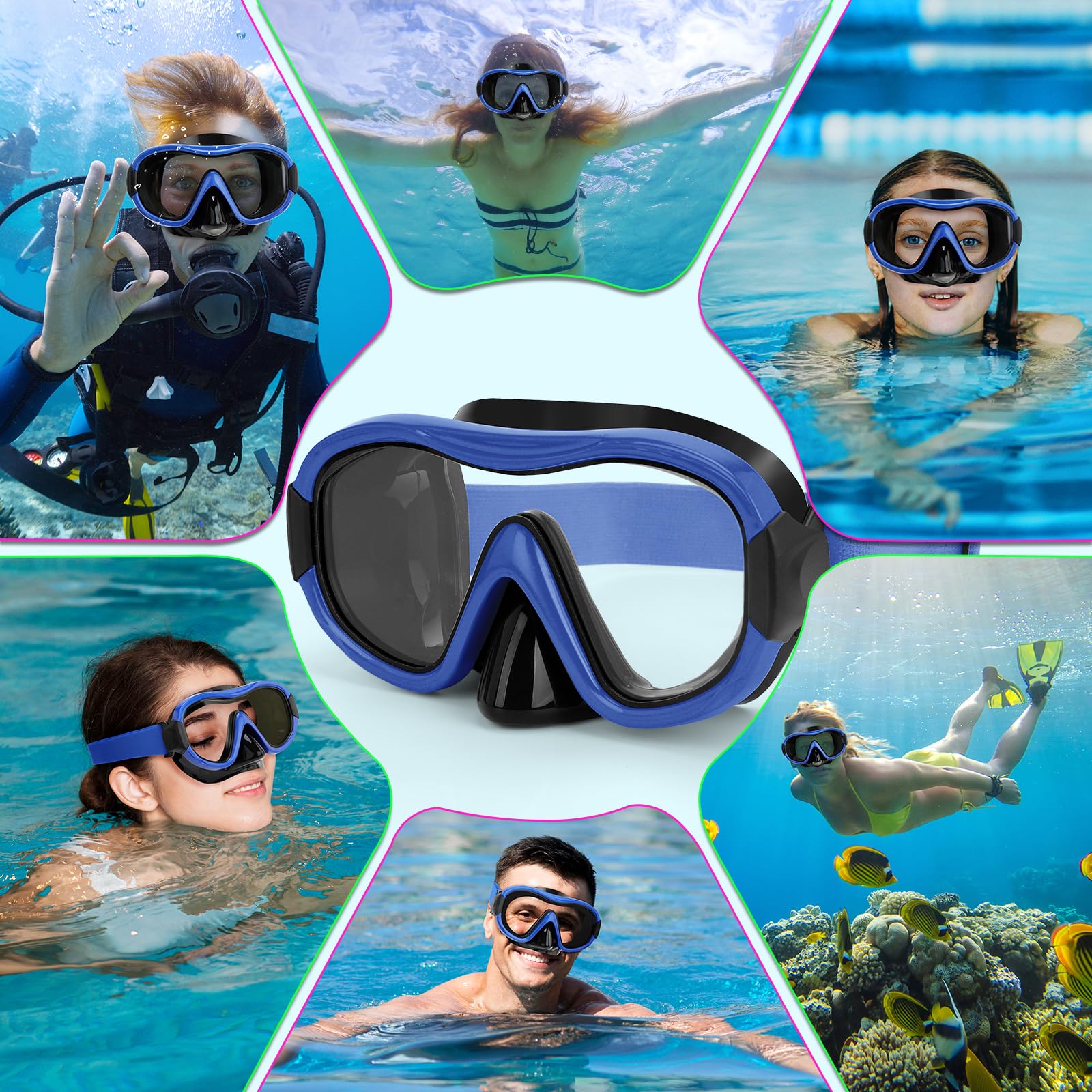 Tauchmaske, professionelle Anti-Beschlag-Schnorchelbrille, auslaufsichere Schwimmmaske mit weichem, verstellbarem Riemen und Netztasche, Ohrstöpsel 7