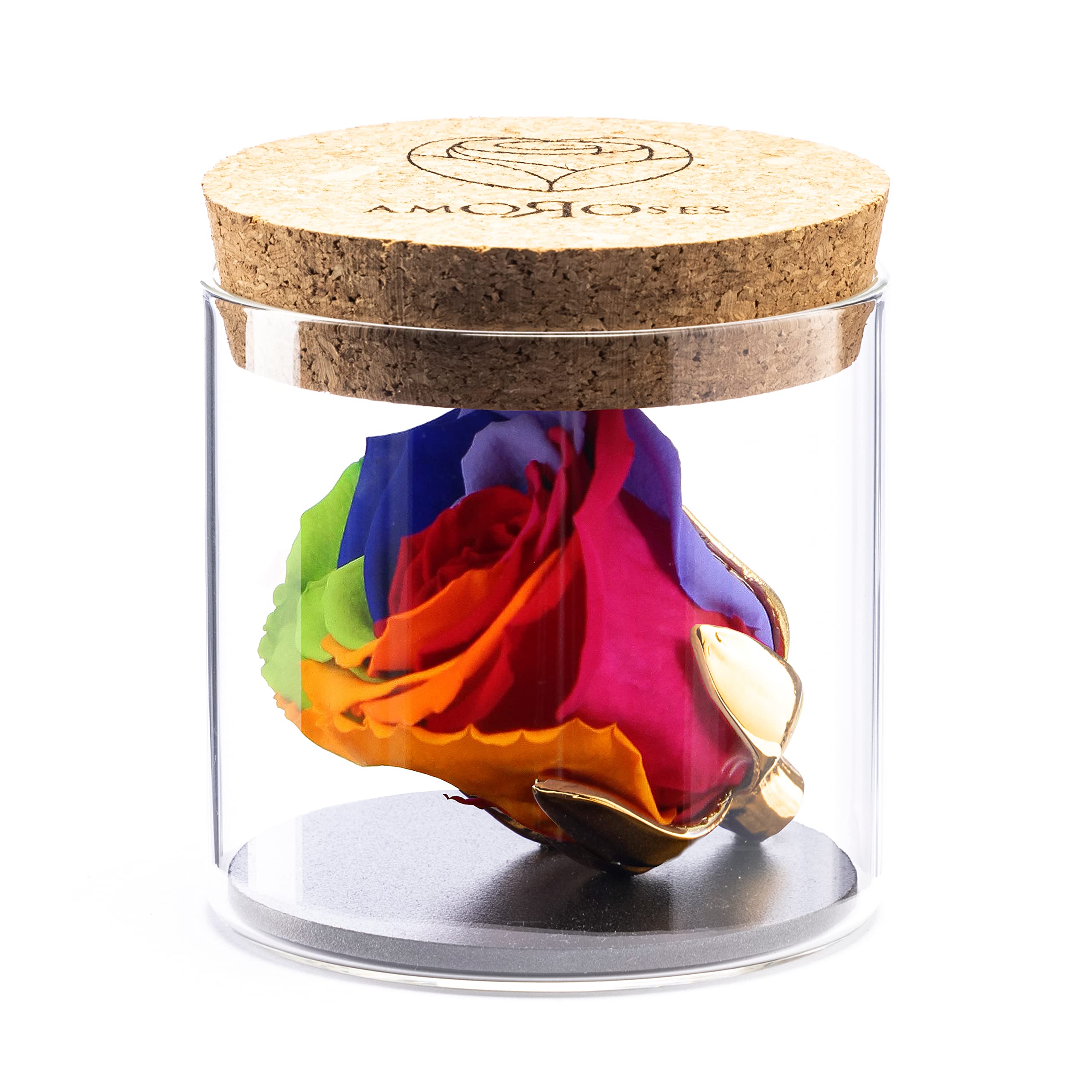 Amoroses Bijou - Eternal Stabilised Rose with 24K Gold Plated Calyx in Glass Jar | Gift Idea (Multicolor Rainbow Rose)