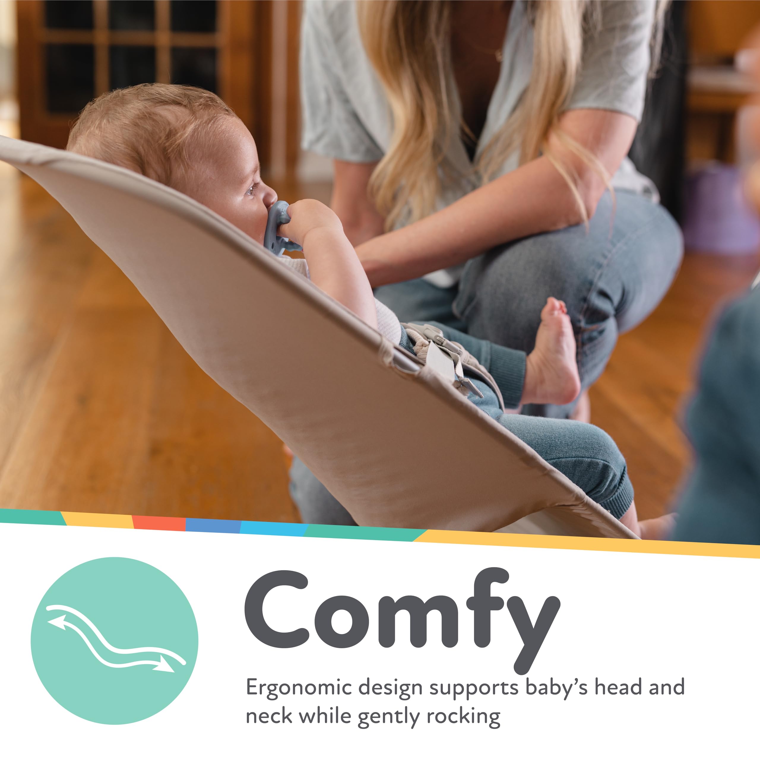 Nuby Baby Bouncer Seat - Portable Infant Bouncer with Music, Fun Sounds, and Soothing Vibrations - 0-6 Months - Beige