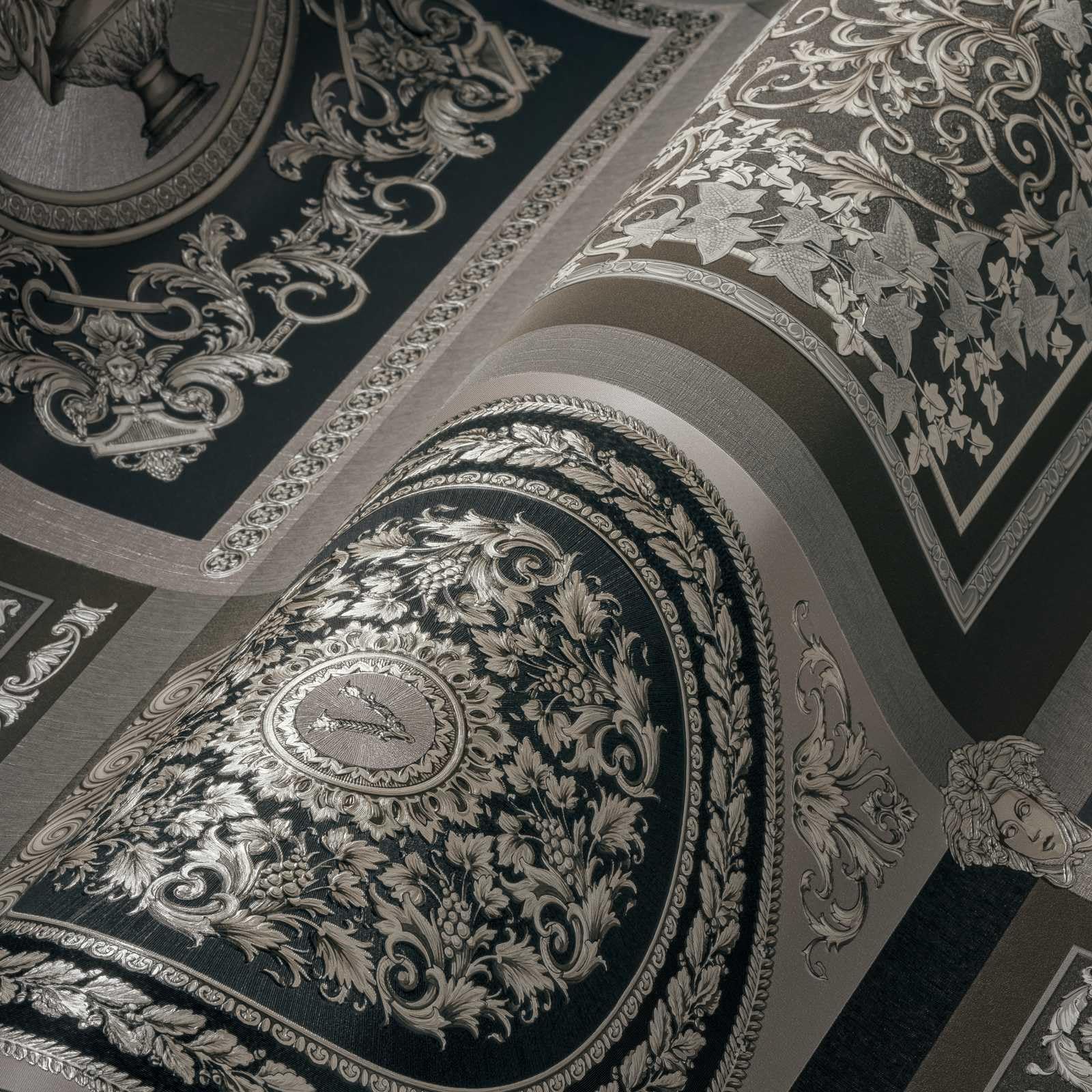 A.S. Création Wallpaper Baroque Luxury Wallpaper Floral 387044 Silver Black Grey Designer Logo Medusa 10.05 x 0.70 m Made in Germany