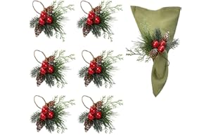 Angel Isabella Christmas Collection Napkin Rings - Cloth Napkin Holder For Table Setting, Evergreen Snowy Pinecone Napkin Rings with Berries & Decor to Match Holiday Dinner Dining Table Top - Set of 6
