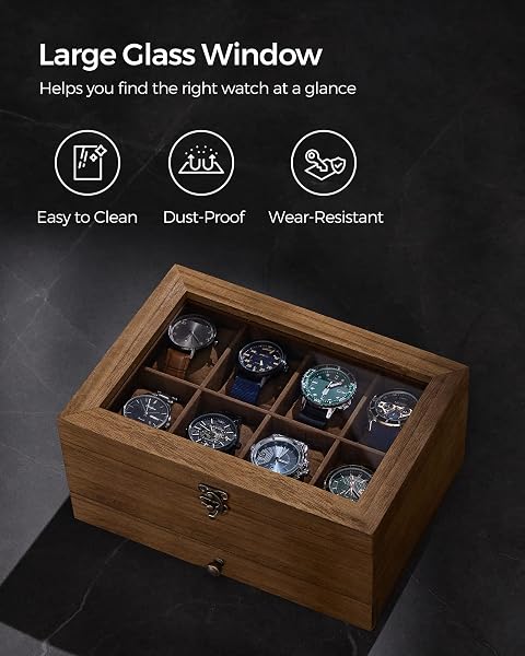 SONGMICS 8-SLOT WATCH BOX, 2-TIER WATCH DISPLAY CASE WITH LARGE GLASS LID, REMOVABLE PILLOWS, VELVET LINING, JEWELRY BOX, GIFT IDEA, RUSTIC WALNUT UJOW008K01