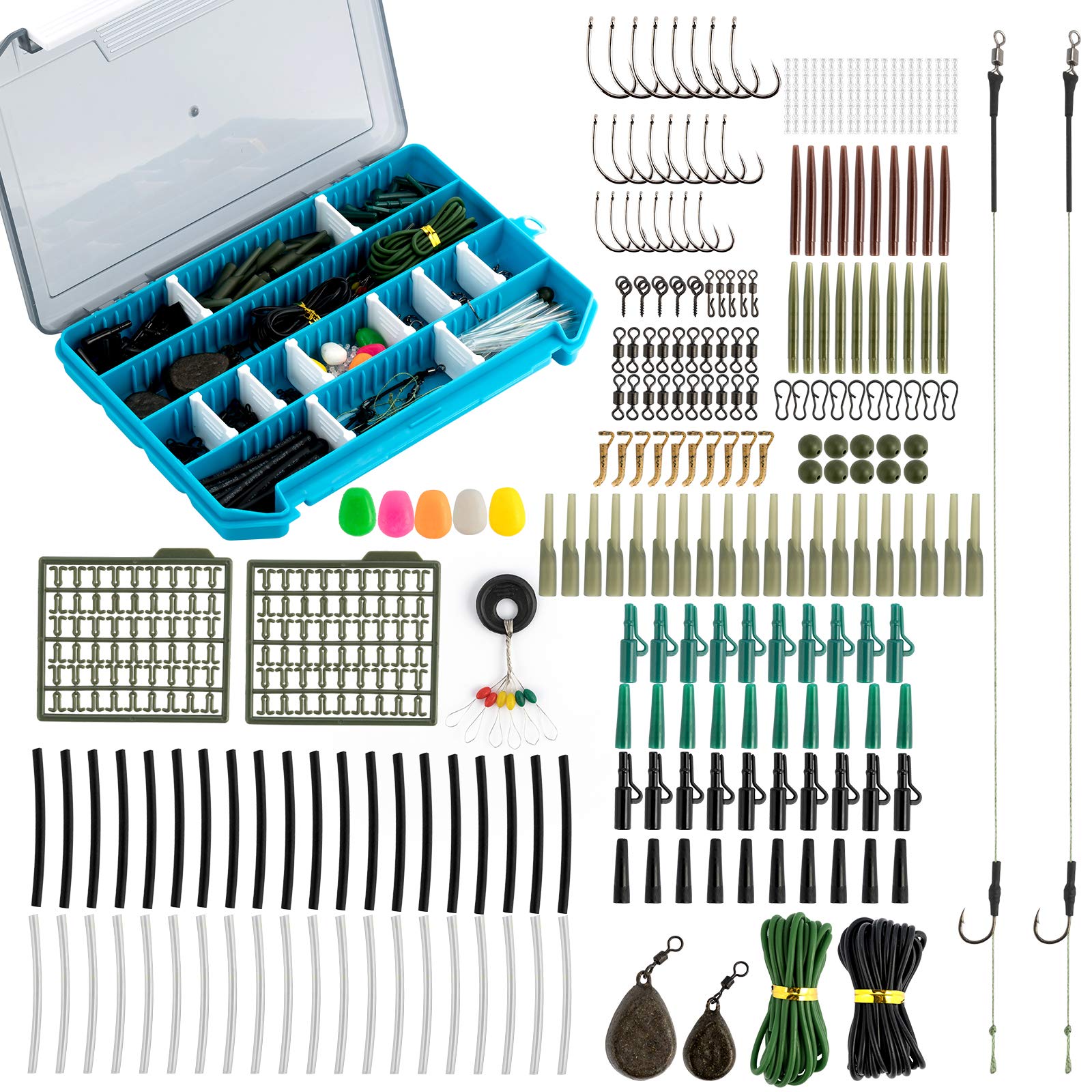 Alwonder 299pcs Carp Fishing Tackle in Box, Accessories Kit Include Hooks, Safety Clips, Line Beads, Boilie Stops, Corn, Tubing Hair Rigs and other 43+57g