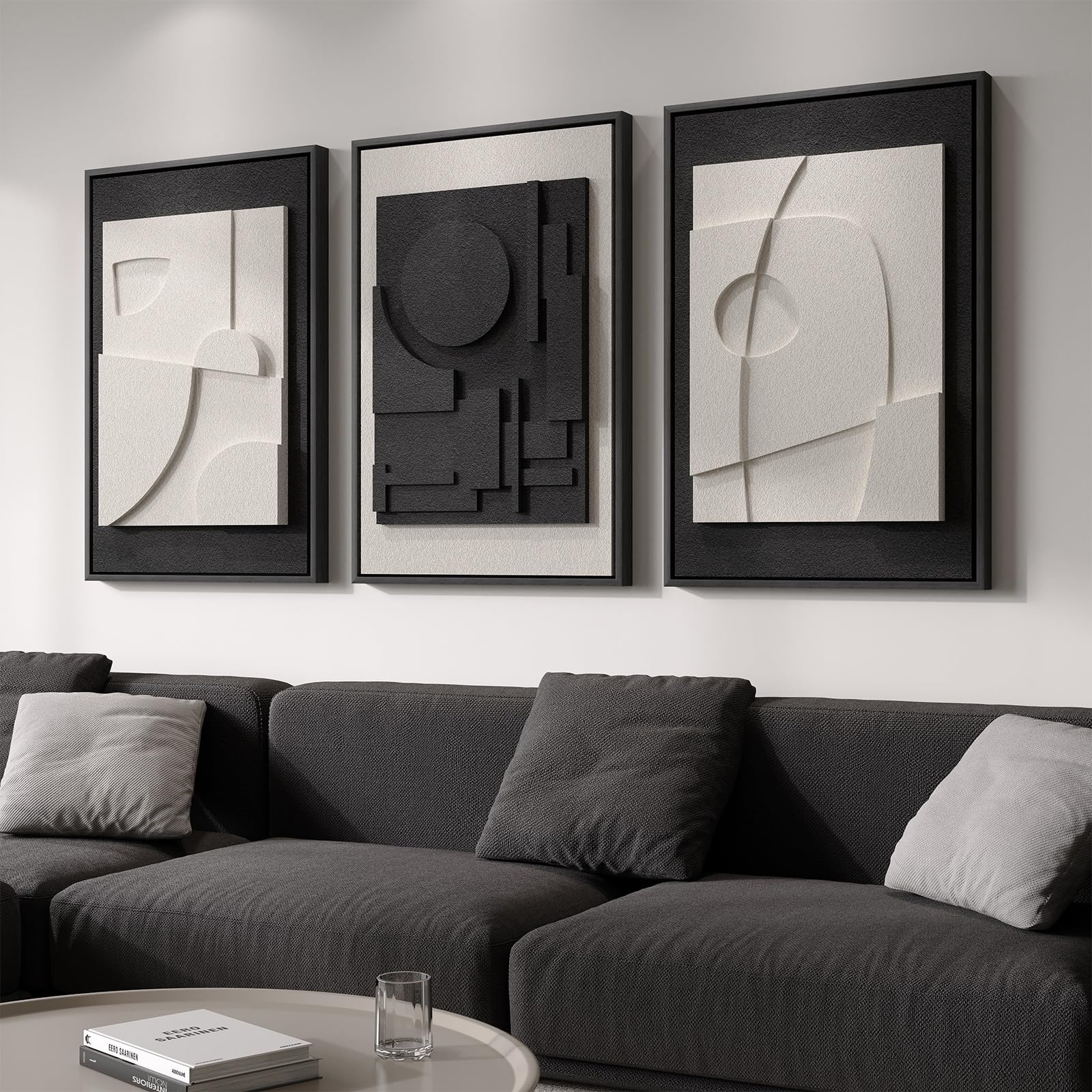 Photo 1 of Large 3D Textured Framed Black and White Abstract Wall Art for Living Room, 3 Piece Modern Artwork for Walls, Black White Minimalist Geometric Paintings for Hallway Office Wall Decor 24x36 In