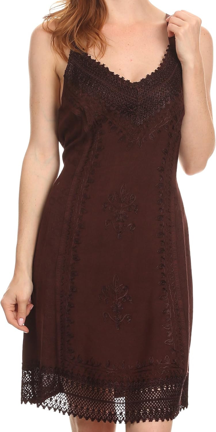 Sakkas Aliney Short Adjustable Spaghetti Strap Sleeveless Embroidered Day Dress