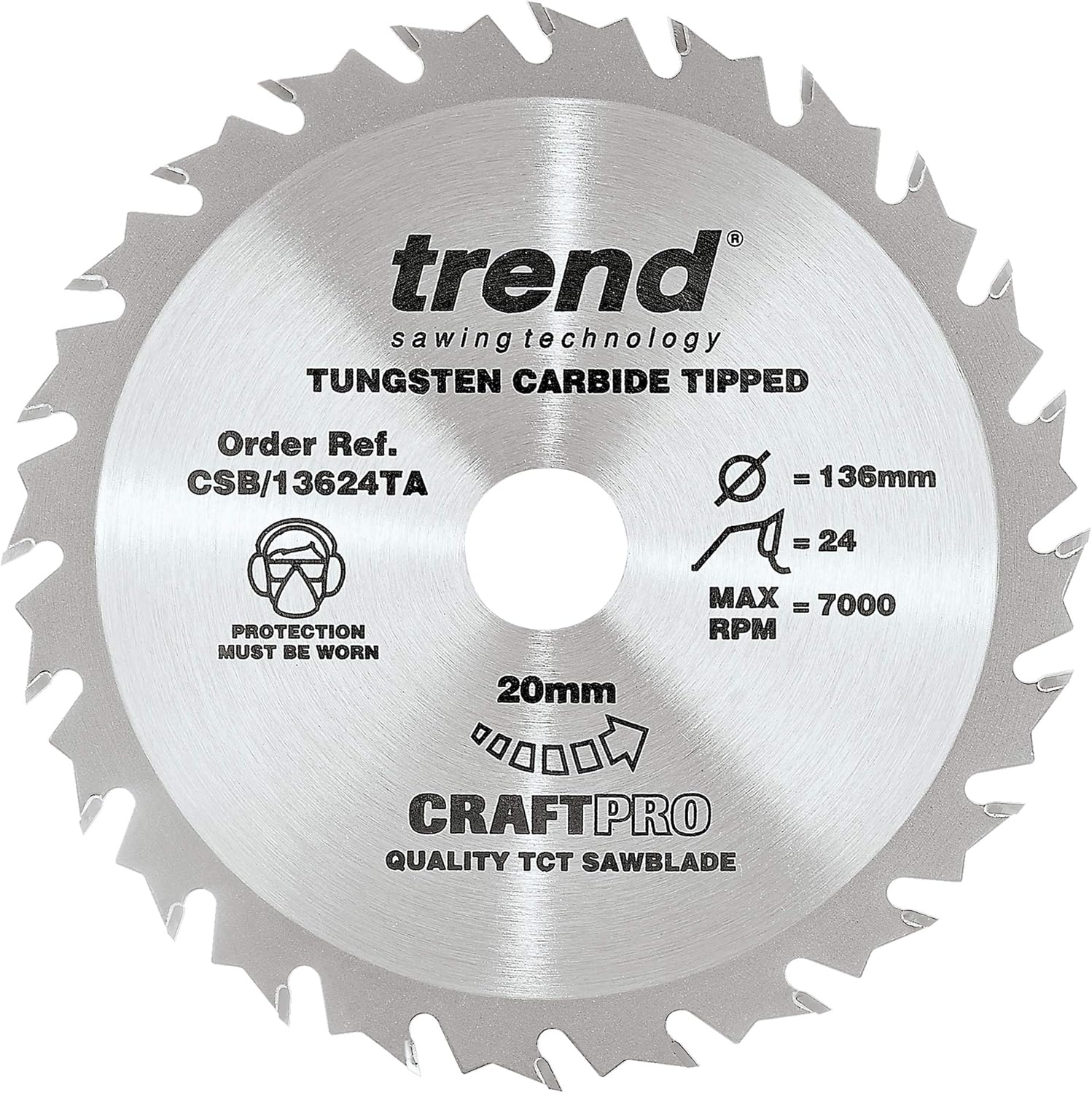 Trend Wood Cordless Circular Saw Blade, 136mm Diameter, 20mm Bore, 24 Teeth, 1.5mm Kerf, +15° Hook, TCT, Medium Finish, CSB/13624TA