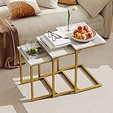 Giantex Nesting Coffee Table Set of 3, Stackable Square End Table w/Faux Marble Tabletop & Heavy-Duty Metal Frame, Farmhouse 