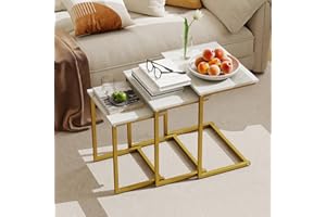 Giantex Nesting Coffee Table Set of 3, Stackable Square End Table w/Faux Marble Tabletop & Heavy-Duty Metal Frame, Farmhouse C-Shaped Accent Table for Small Space, Living Room, Bedroom (White Gold)