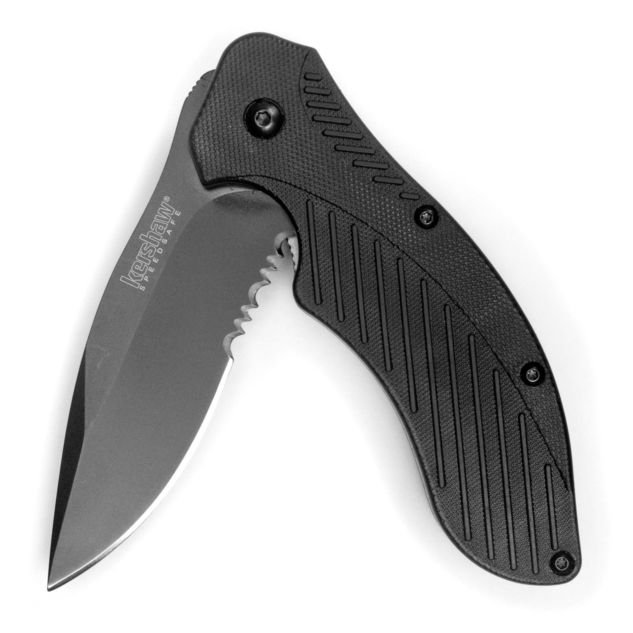 Photo 1 of Kershaw Clash Black Serrated Pocketknife, 3" 8Cr13MoV Steel Drop Point Blade, Assisted One-Handed Flipper Opening, Folding Utility EDC