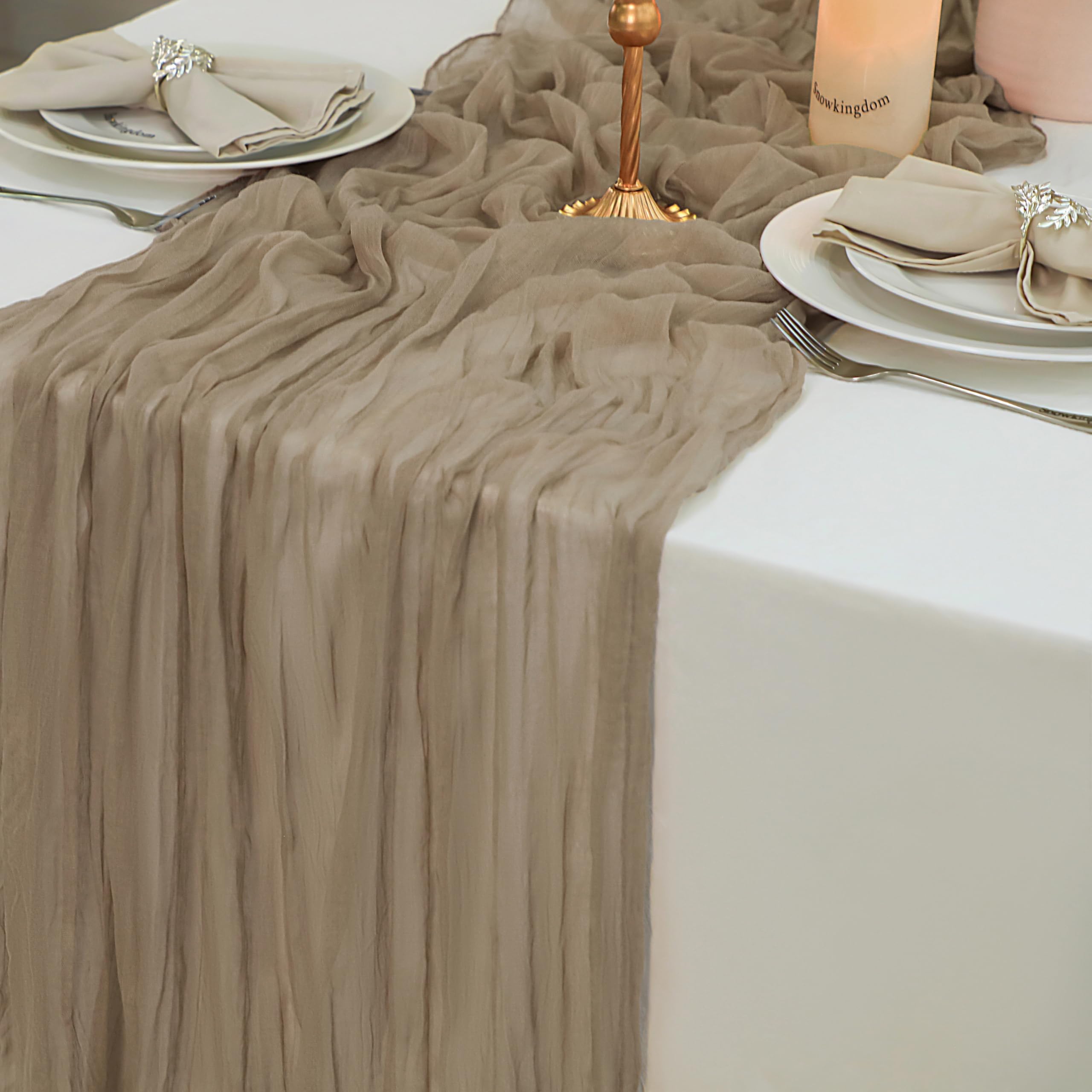 Snowkingdom 6PCS 10 FT Nude Brown Cheesecloth Table Runner, 120 inch Long Cheese Cloth Boho Rustic Gauze Sheer Runner for Wedding Party Baby Shower Birthday Christmas Holiday Table Decorations Image Snowkingdom 6PCS 10 FT Nude Brown Cheesecloth Table Runner, 120 inch Long Cheese Cloth Boho Rustic Gauze Sheer Runner for Wedding Party Baby Shower Birthday Christmas Holiday Table Decorations Image