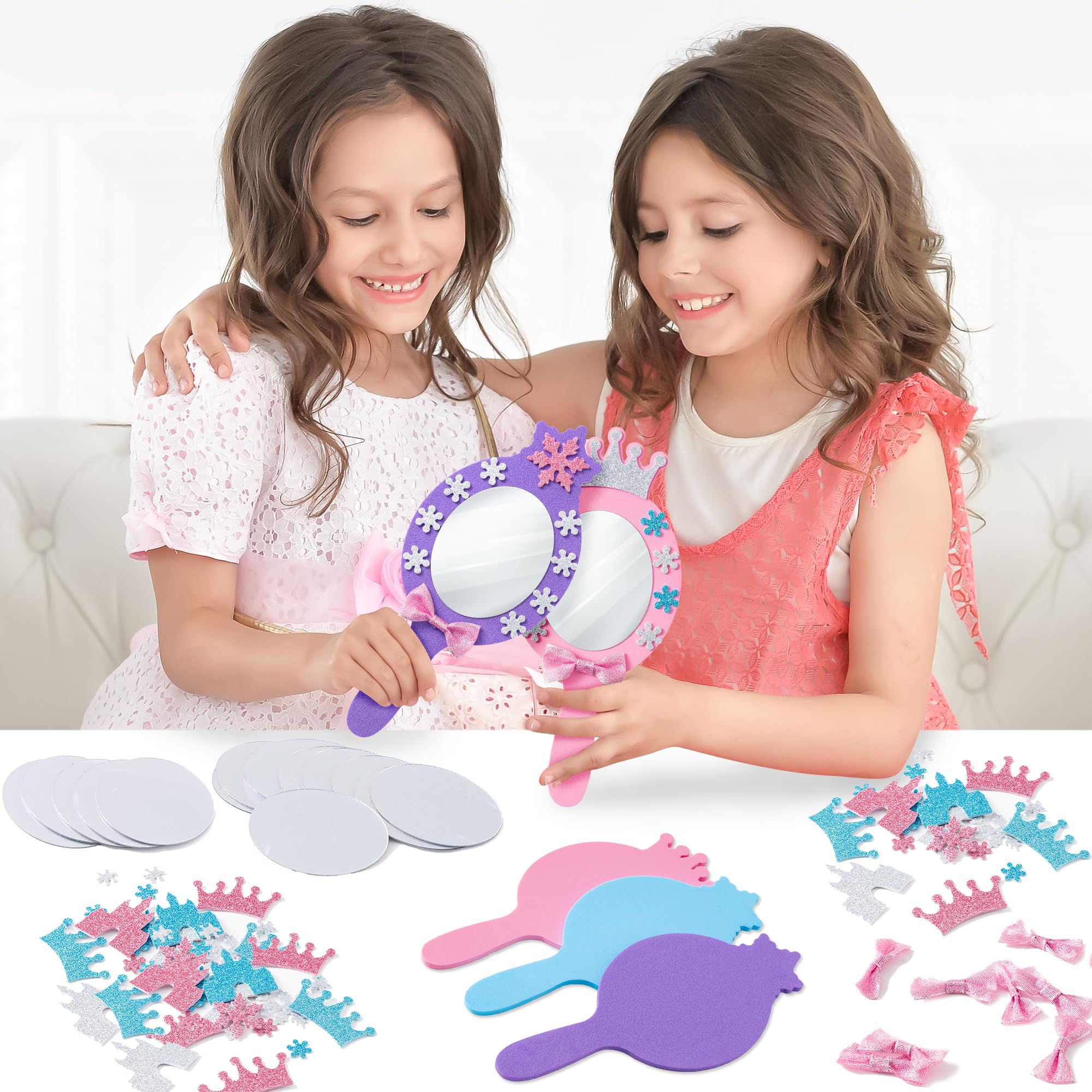 BeYumi Princess Foam Mirror Craft - 18 Pack DIY Decorate Your Own Princess Mirror Craft Kits for Kids Unbreakable Kids Mirrors for Girls Party Decoration Birthday Supplies Gift