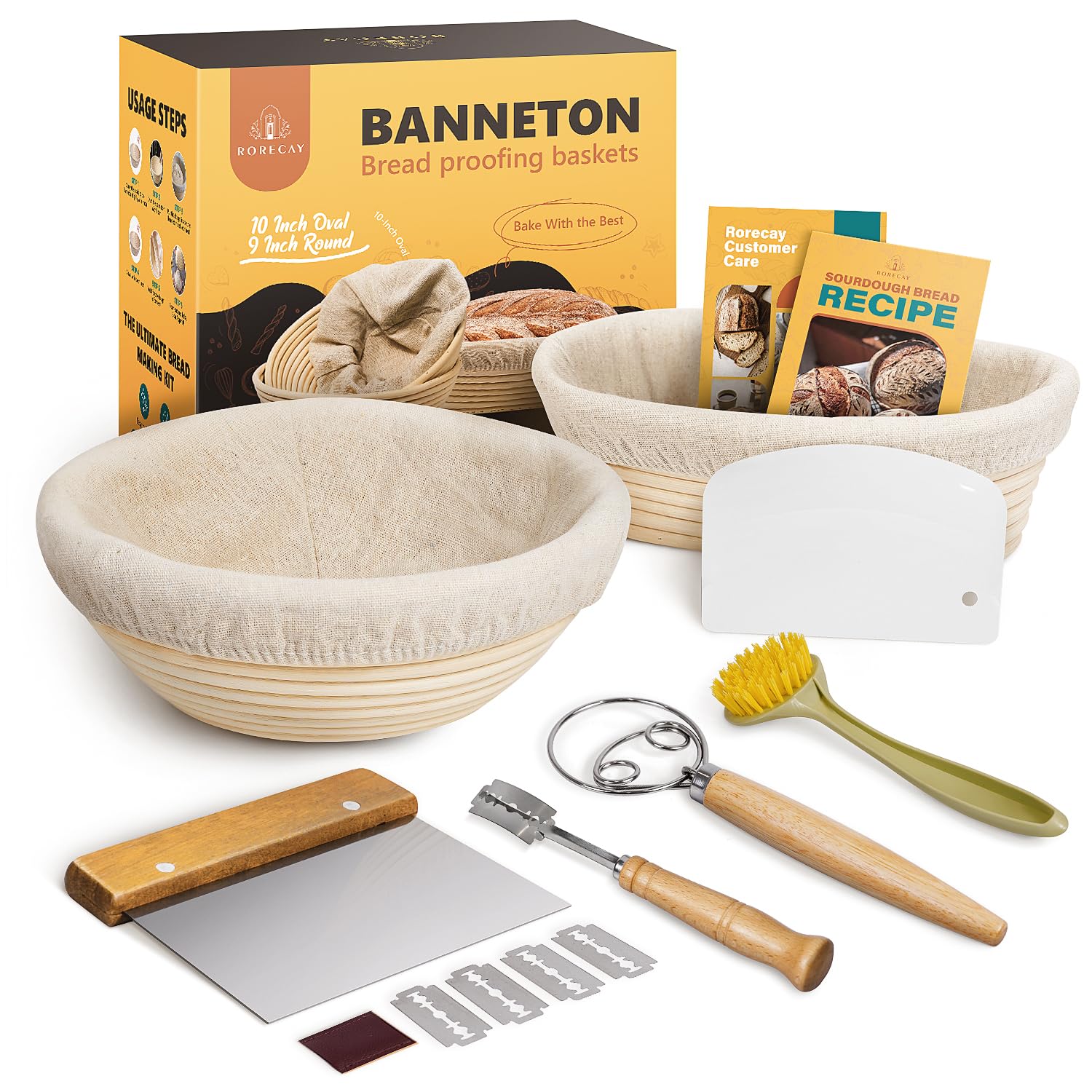 Photo 1 of rorecay Banneton Bread Proofing Basket Sourdough Bread Baking Supplies, 9 Inch Round + 10 Inch Oval Proofing Bowls with Dough Whisk Bread Lame Dough Scraper Bread Making Tools and Accessories Set