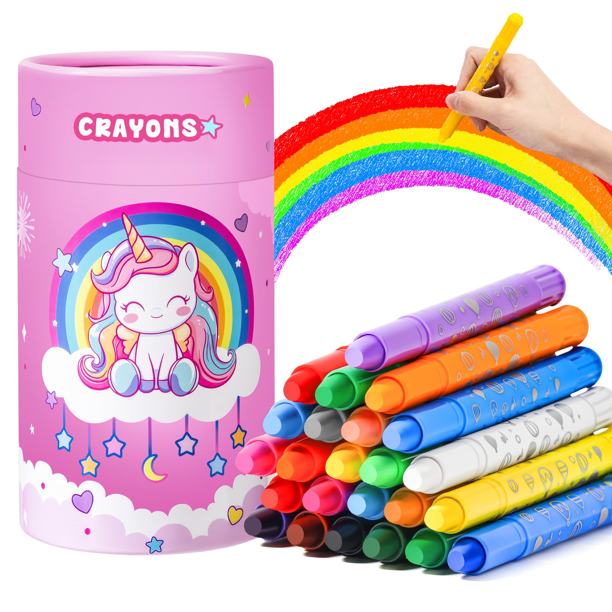 JYPS Crayons for Kids, 24 Colors Washable Silky Crayons Set with Unicorn Pen Holder, Non Toxic Safe for Toddlers, Art Supplies Colouring Set for Girl, Easter Gift for Kids 3-10 Ages