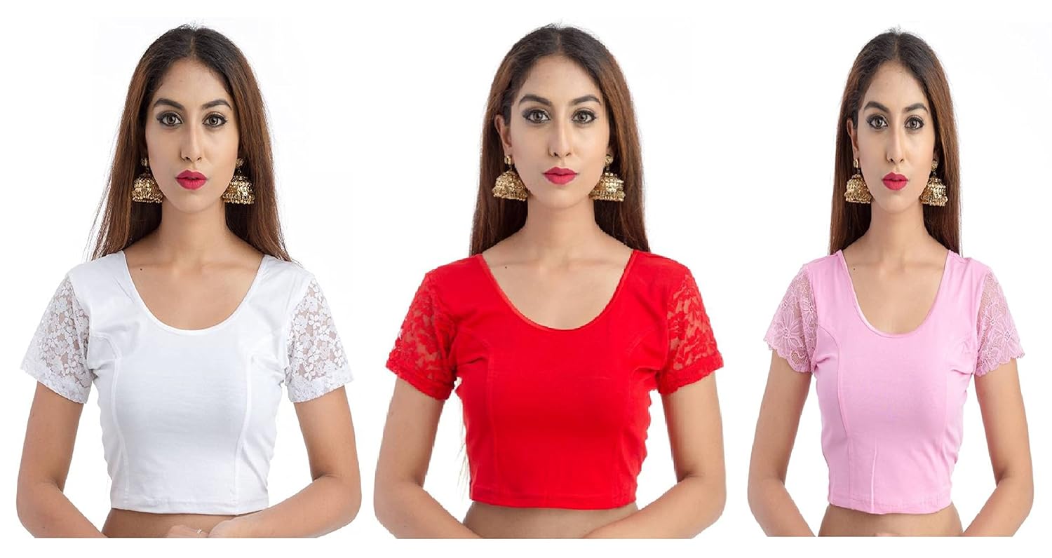 fressia fabrics women's stretchable readymade saree blouse crop top choli pack of 3