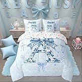 Erosebridal 7Pcs Cute Blue Bow Twin Comforter Set Preppy Coquette Bows Bedding Sets for Girls Kids Teens Girly Floral Bed in A Bag Princess Watercolor Initial A Birthday Gifts Quilt(A)