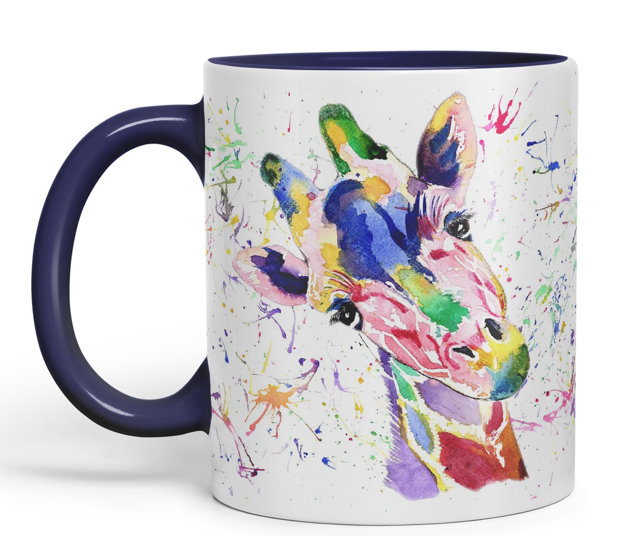 Vixar Cute Watercolour Giraffe Rainbow Art Coloured Mug Cup, Gift, Birthday, Work, Office, Christmas Tea Coffee (Navy)