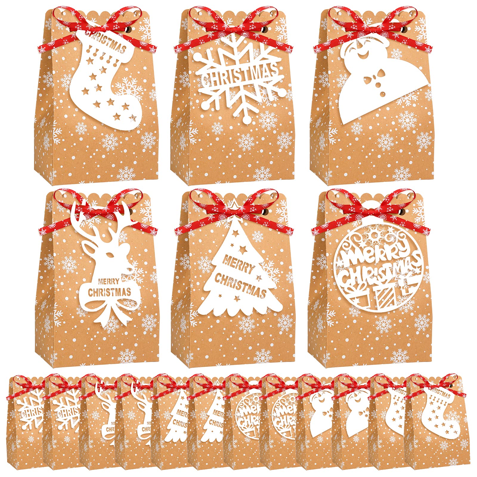 12 PCS Christmas Kraft Paper Bags, 6 Reusable Kraft Christmas Gift Bags for Sweets, Treats, Christmas Party Gift Decorations
