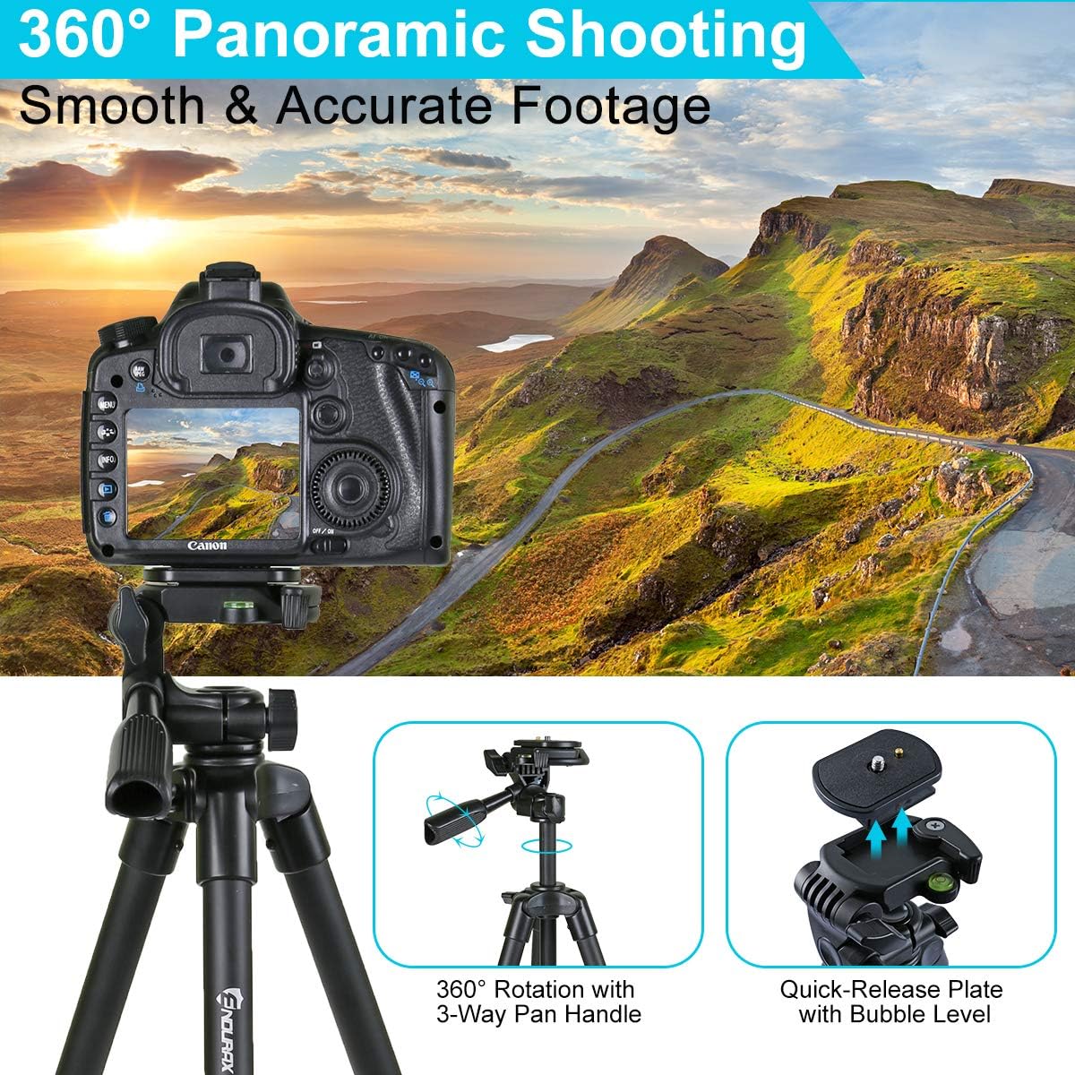 Endurax 60'' Camera Phone Tripod Stand for DSLR Canon Nikon with Universal Phone Mount, Bubble Level and Carry Bag : Camera & Photo