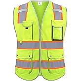 Rhino Hit Reflective Safety Vest for Men Women, High Visibility Safety Vest with 8 Pockets Zipper Front, Meets ANSI Standards