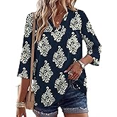Rapbin Womens 3/4 Sleeve V Neck Floral Print Pleated Blouses for Women Dressy Casual Loose Fit Tops