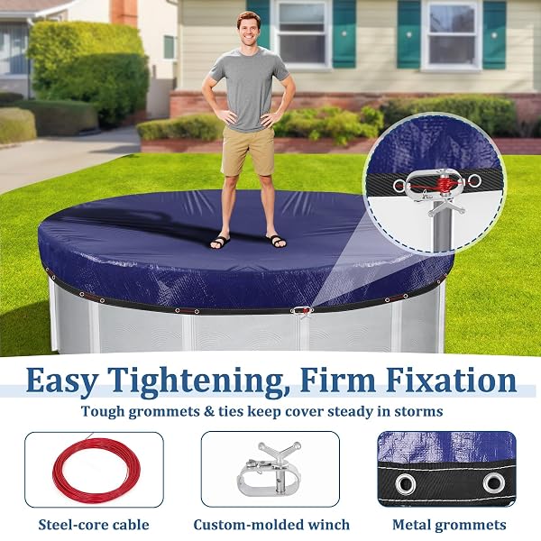 24 FT POOL COVERS FOR ABOVE GROUND POOLS WITH AUTOMATIC SIPHON DRAIN, EXTRA THICK HEAVY-DUTY ROUND WINTER POOL COVER, STOP WATERLOGGING, 2-IN-1 TEAR-PROOF UV-RESISTANT POOL TARPS WITH PULLEY AND CAB