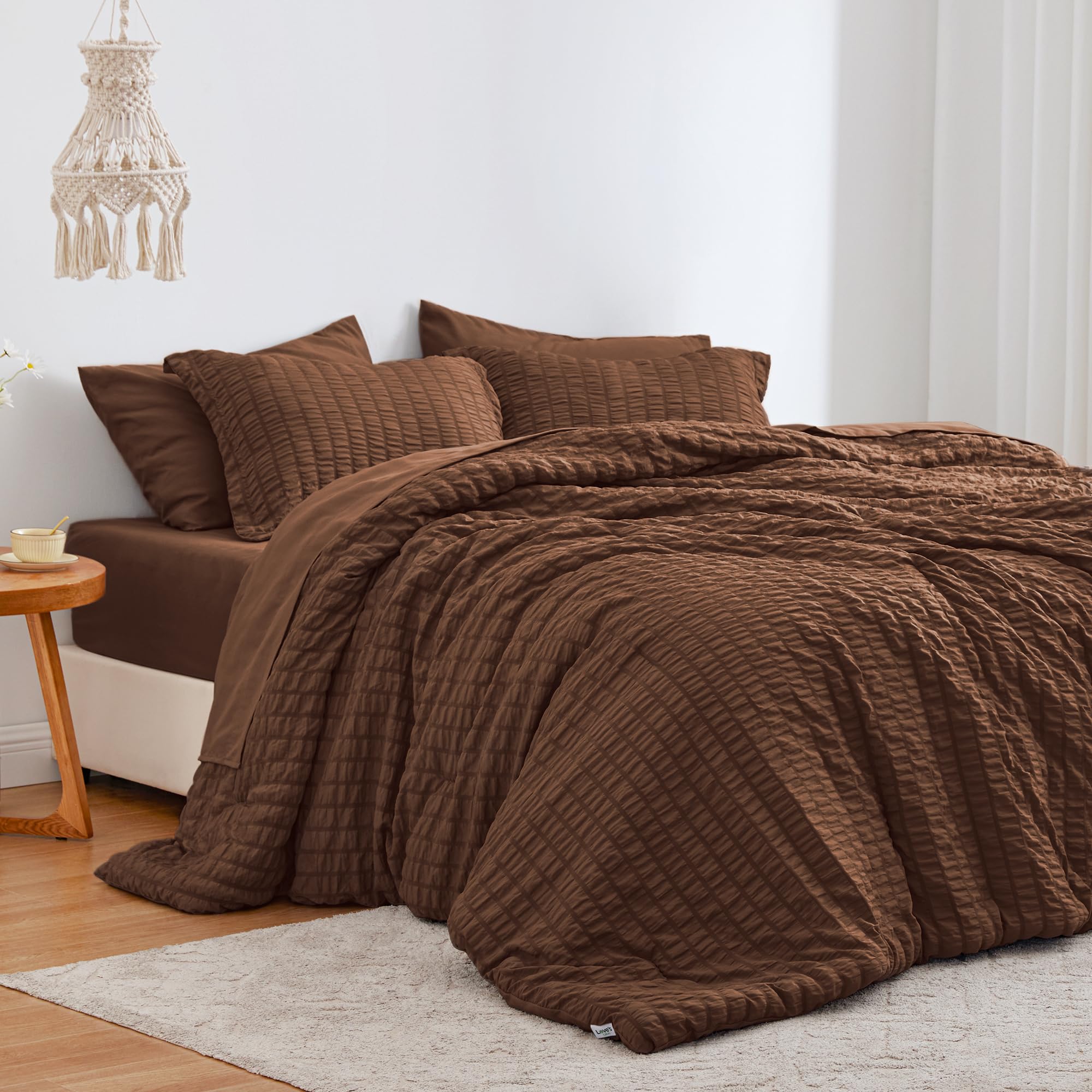 Love's cabin Seersucker Brown Queen Comforter Set, 7-Piece All Season Lightweight Bed in a Bag Bedding Set with Comforter, Flat Sheet, Fitted Sheet, Pillowcases and Shams