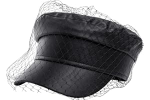 SAJUZEN Beret Hats for Women PU Leather Newsboy Fiddler Cap with Veil Casual Baker Boy Captain Hat
