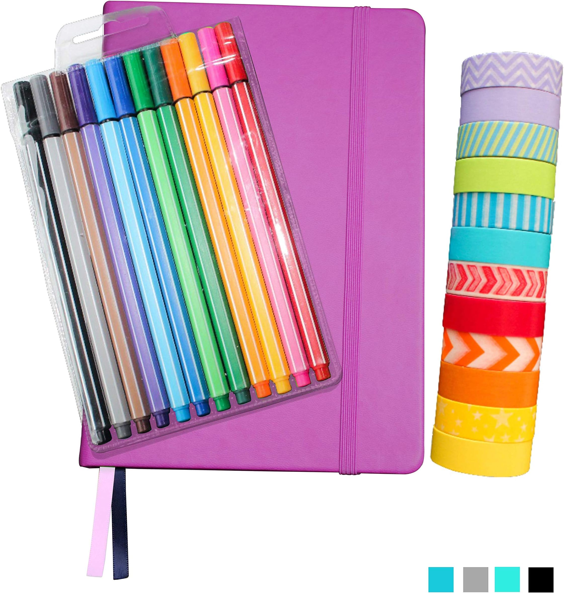 Bullet Dotted Journal Kit with Supplies - Pink A5 Hard Cover Dotted No-Bleed Page Notebook, 12 Fineliner Pens, 12 Washi Tapes - All-in-One Starter Set for Bullet Journals by Wonderful Washi