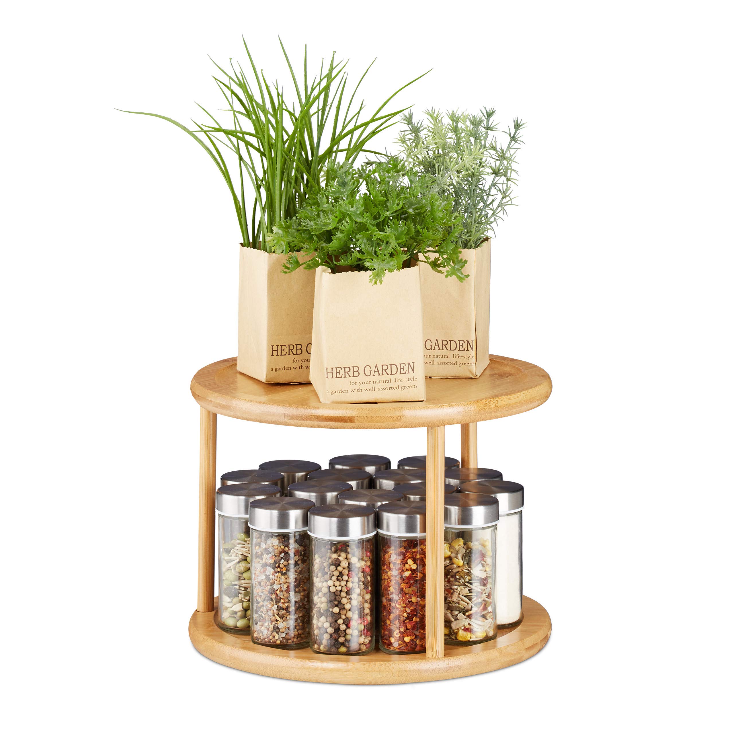 Relaxdays Revolving Spice Rack, Shelf Organiser, Cosmetic Stand, Kitchen Carousel, 2-Tier, HxW: 19.5 x 24.5 cm, Bamboo