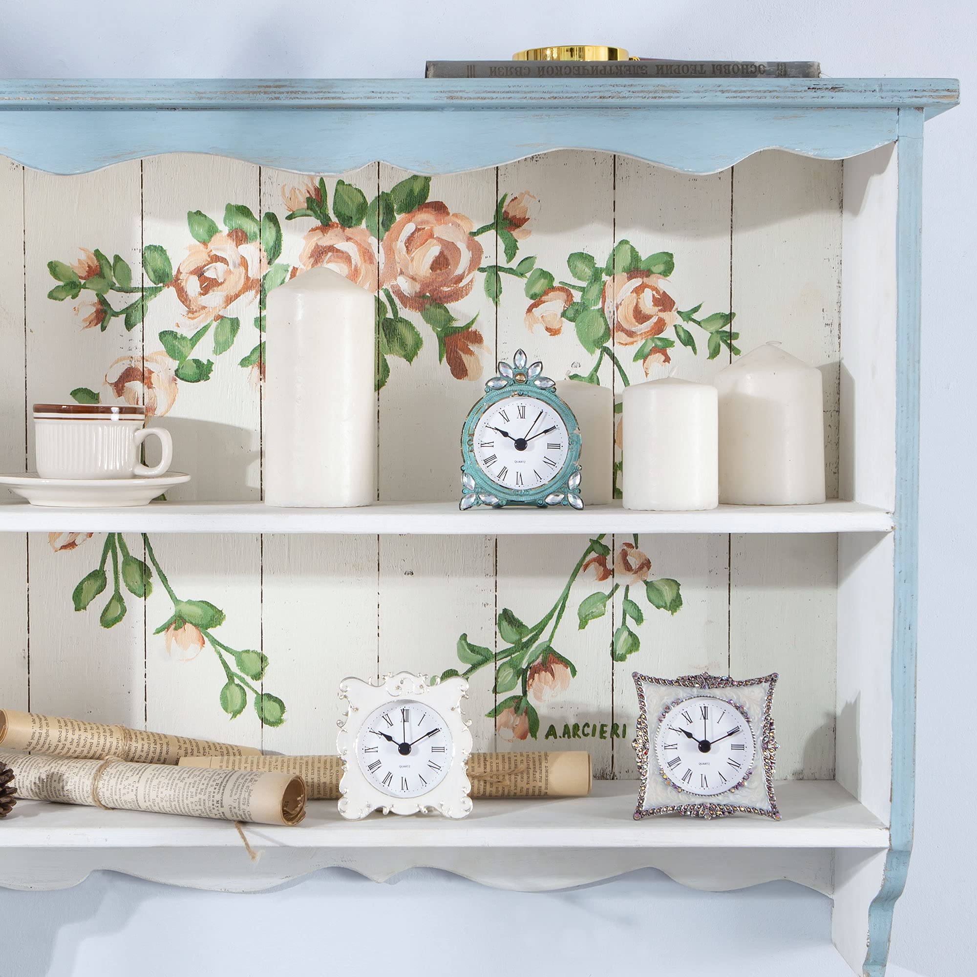 NIKKY HOME Vintage Pewter Quartz Mini Table Clock with Crystal Shining Rhinestone, 2.87 x 1.37 x 3.87 Inches, Aqua