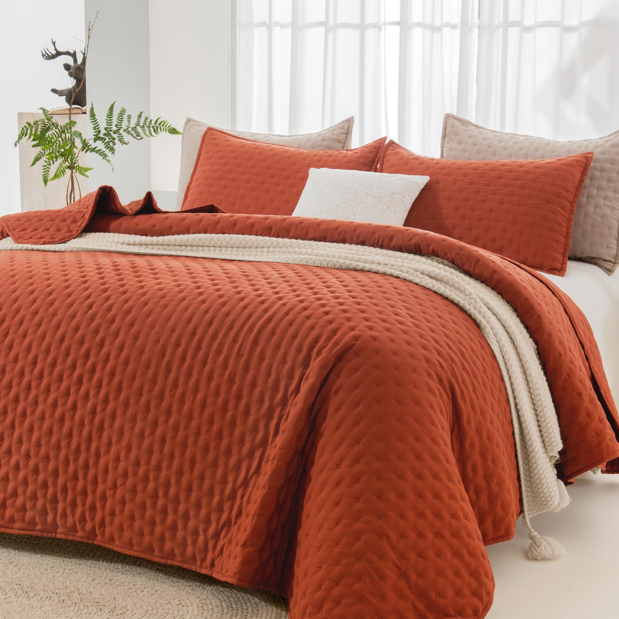 Photo 1 of Andency California King Size Quilt Bedding Set (112x104 Inch), 3 Pieces Burnt Orange Soft Lightweight Bedspread Coverlet, Terracotta Boho Summer Quilt Cal King for All Season