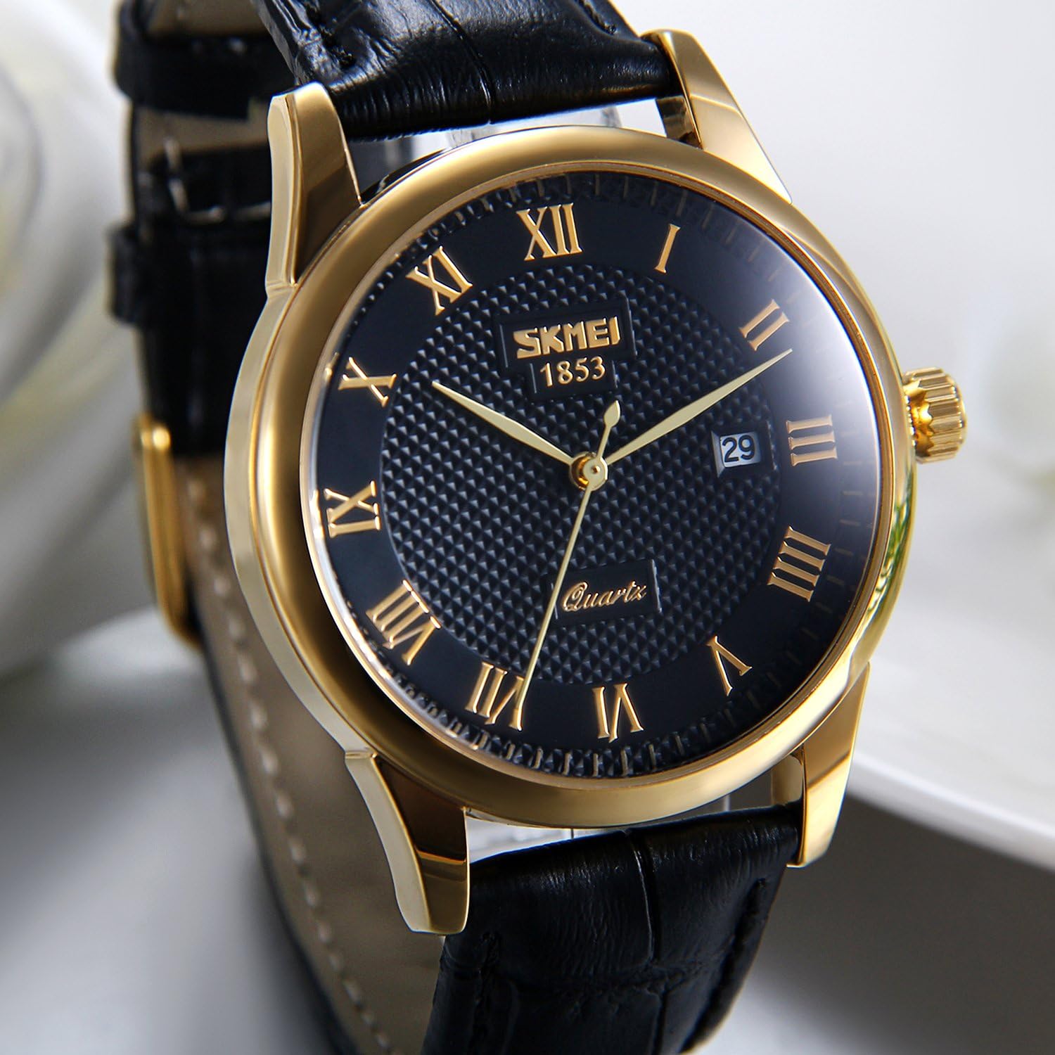 JewelryWe Men's Business Quartz Watch with Roman Numeral Dial and Round Calendar and Black Leather Alloy Strap with Gift Bag - Image 5