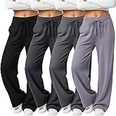 Velvelhall 4 Pack Women's Yoga Lounge Pants Wide Leg Sweatpants Loose Jogging Pockets Drawstring Lightweight Pull on Pajamas
