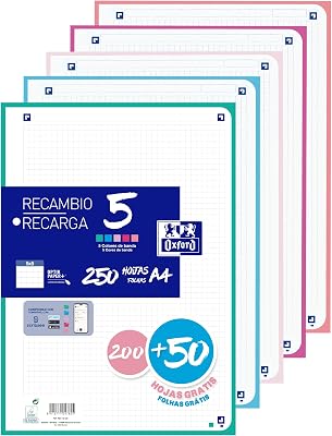 , Hojas Cuadriculadas A4 Perforadas, Recambio Archivador, Cuadrícula 5x5, 4 Taladros, 5 Colores de Banda Pastel, 250 Hojas