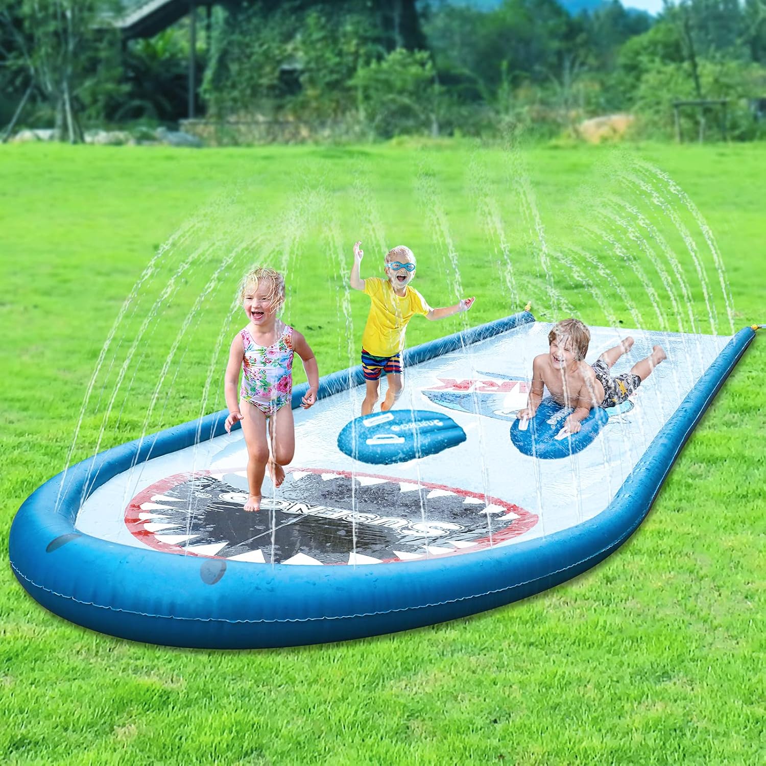 SuSenGo Slip and Slide for Kids - Lawn Water Slides Inflatable Shark Crash Pad and Around Spray Channel for Races Outdoors(15.7ft): Toys & Games