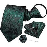 Hi-Tie Dark Green Ties For Men Pretied Silk Adjustable Floral Zipper Necktie Pocket Square Cufflinks Lapel Pin 4pcs Wedding Party Prom