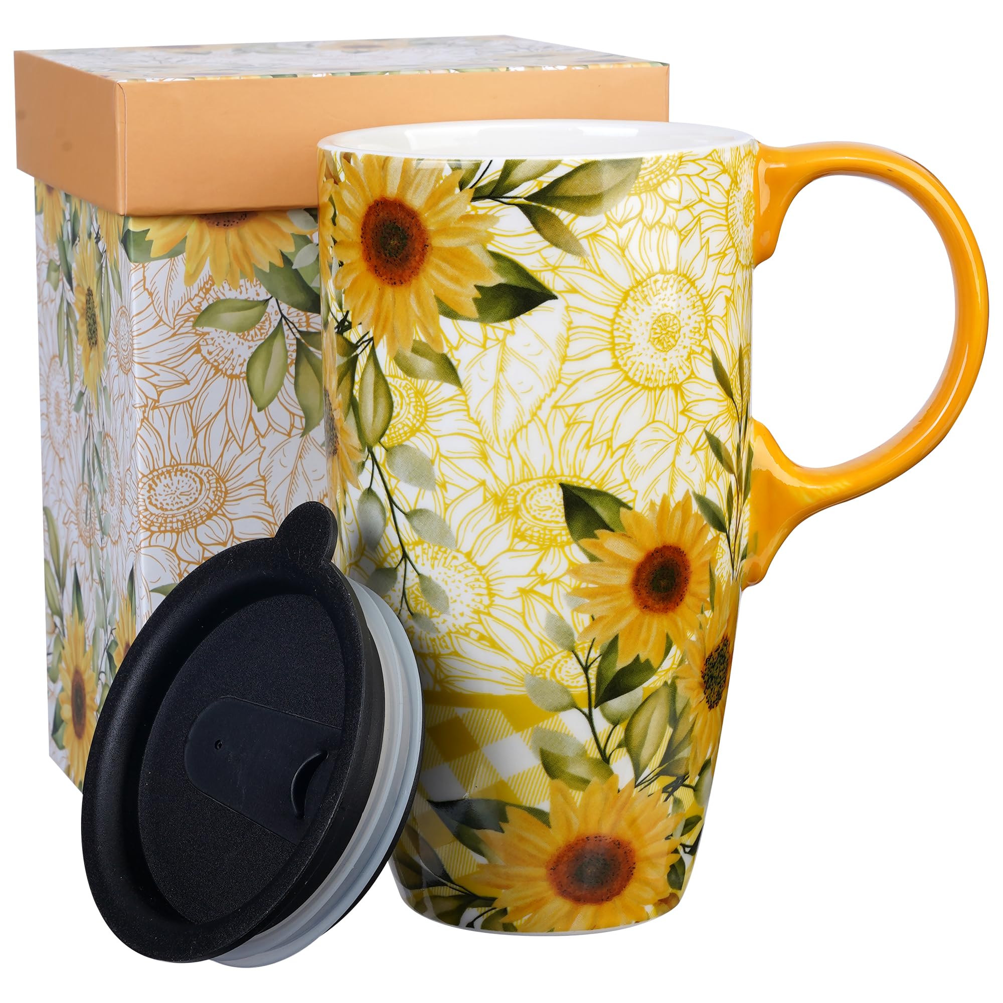 DUSVALLY Coffee Mug Coffee Ceramic Mugs Latte Tea Cup with Lid and Gift Box 17oz.Big Mug.Yellow