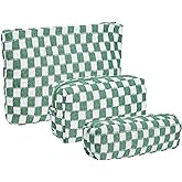 3 Pieces Makeup Bag Large Small Checkered Cosmetic Bag Capacity Canvas Travel Toiletry Bag Organizer Cute Makeup Brushes Aesthetic Accessories Storage Bag for Women (Green)