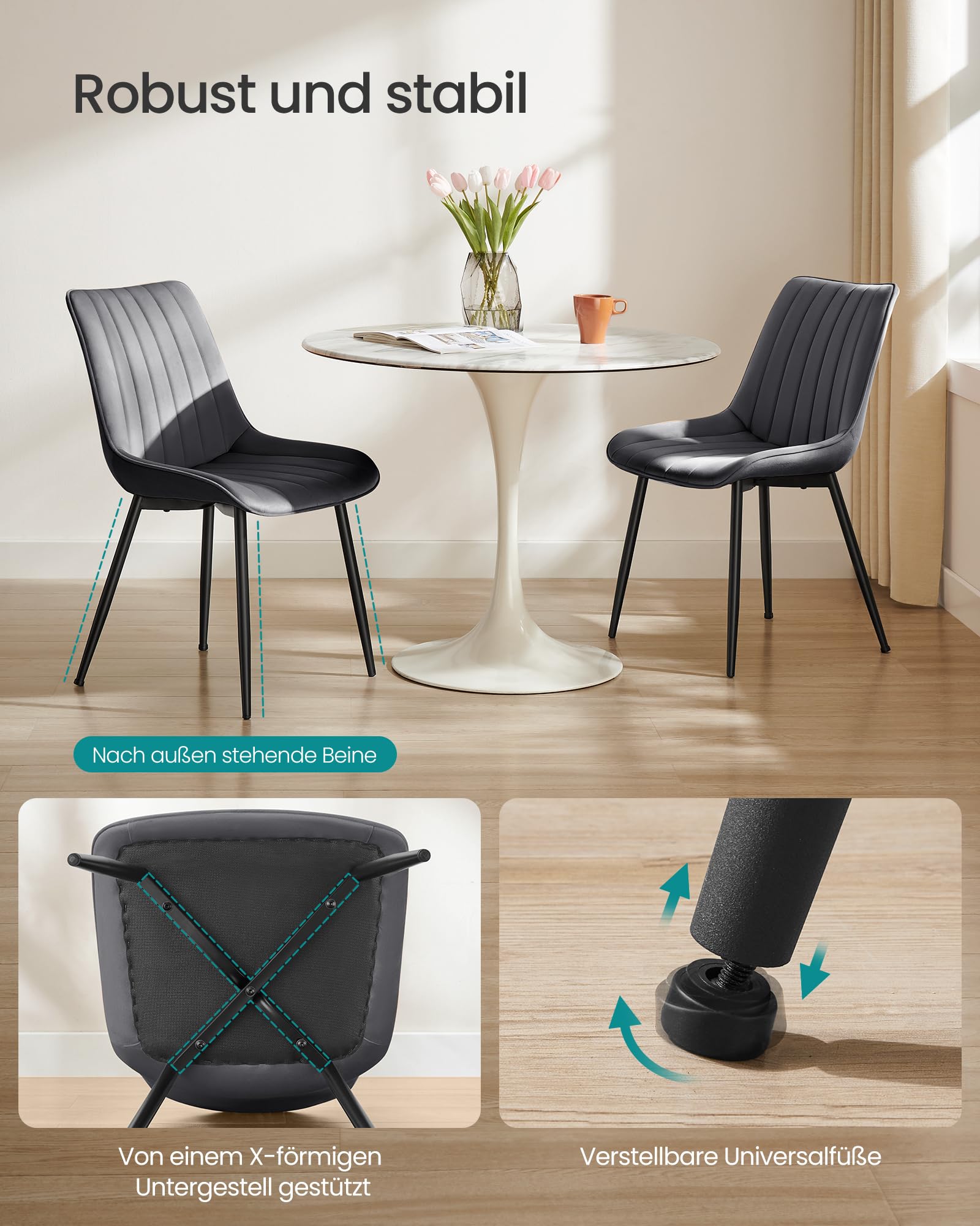 SONGMICS Esszimmerstuhl 6er Set, Küchenstuhl, Samt, Polsterstuhl, bis 120 kg belastbar, Stahlbeine, Gebogene Rückenlehne, für Esszimmer, Küche, grau-tintenschwarz LDC090G56 6