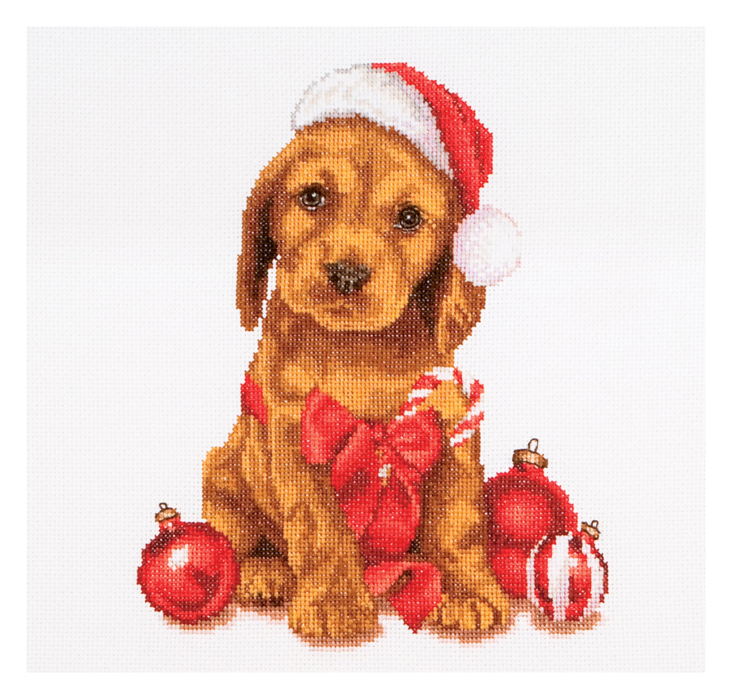 Thea Gouverneur Christmas Puppy On Aida Counted Cross Stitch Kit, 16 Count