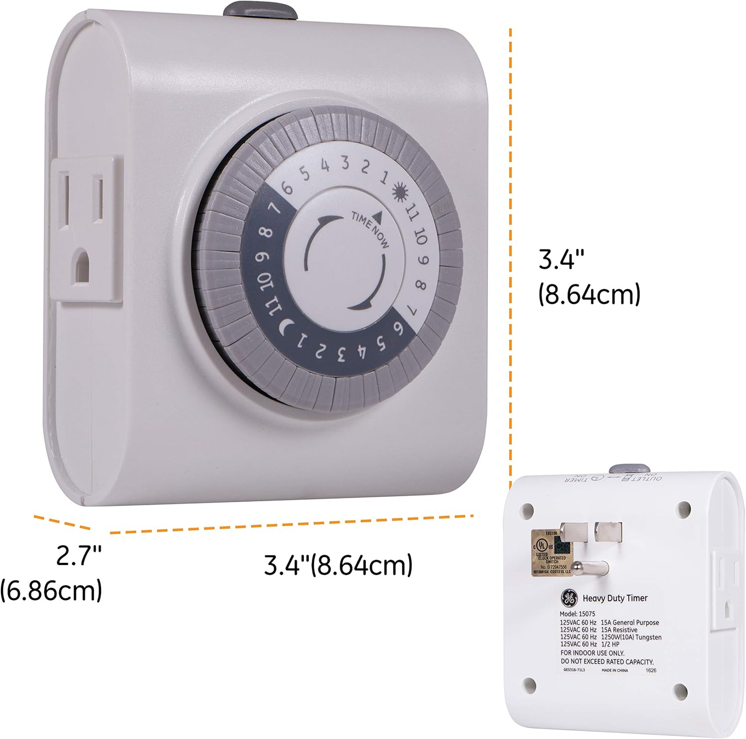 GE 24-Hour Heavy Duty Indoor Plug-in Mechanical Timer, 2 Grounded Outlets, 30 Minute Intervals, Daily On/Off Cycle, for Lamps, Seasonal, Christmas Tree Lights and Holiday Decorations, 15075 - Plug In Timer Switches - 