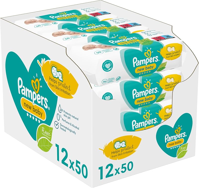 Pampers New Baby Wipes Unscented 12 Packs of 50 | 600 Wipes, Dermatologist