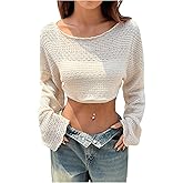 SHENHE Women's Off The Shoulder Cropped Sweater Lightweight Bell Sleeve Fall Knit Top Pullover